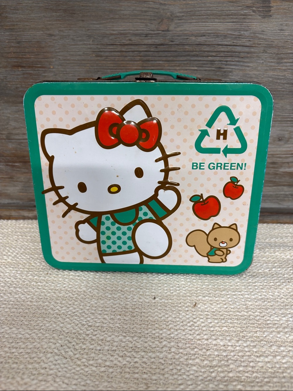 Vintage Hello Kitty Green and Red Tin Carry Case Be Green